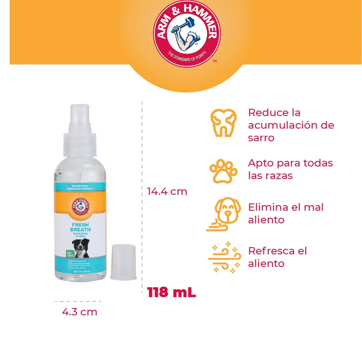 Arm & Hammer Spray Dental para Perro, Elimina el Sarro y Mal Aliento, Aliento Fresco Sabor Menta 1pz