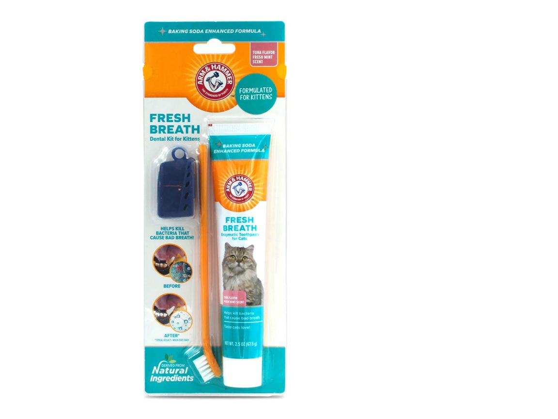 Arm & Hammer Kit Pasta Dental con Cepillo para Gato, Elimina Sarro y Mal Aliento, Sabor Atún, 3pzas